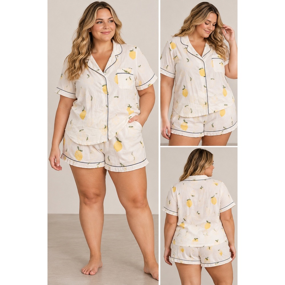 Printfresh Lemon Embroidered Organic Cotton Pajama Set White Yellow 2X
